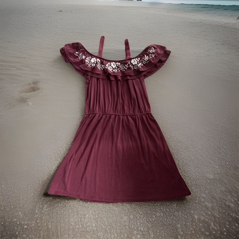 Francesca's Womens Large Burgundy Off Shoulder Boho Sundress Beach Vacation Mini